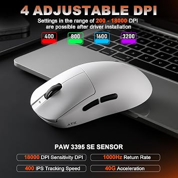 A9 Gaming Mouse, 18000 DPI, PAW3395 SE Sensor,53G Lightweight, Tri-Mode 2.4G/BT5.0/USB-C Wireless/Wired Mouse, Programmable Mouse, Office Mice for PC/Xbox/Win/Mac (White)