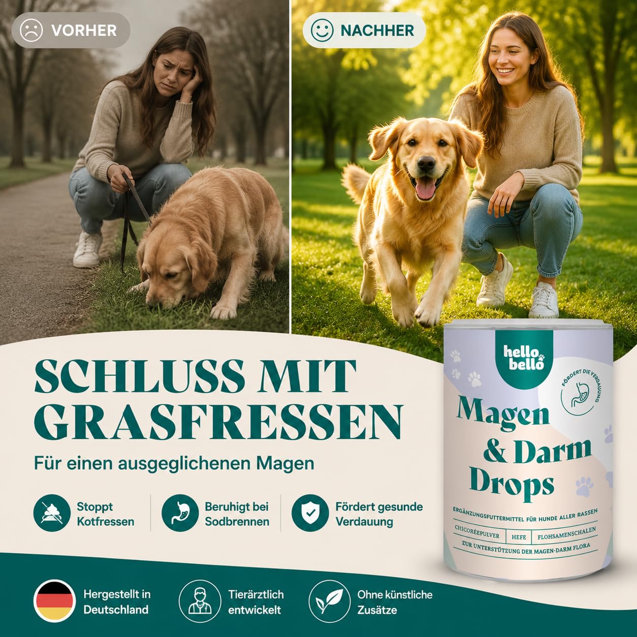 HELLOBELLO Kaltgepresste Magen-Darm Drops für Hunde gegen Sodbrennen 350g Soft mit Bierhefe, 37% Lamm & Meeresalge - Gras und Kotfresser Drops Hund, Gegen Sodbrennen, Magenschutz, Magen
