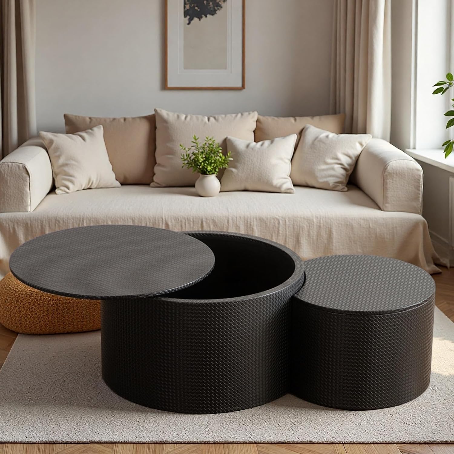 WXFKLDJ Nesting Coffee Tables Set of 2 Leather Finish Round Coffee Tables with Storage Wood Frame Drum End Side Table for Small Space Living Room Bedroom No Assembly Needed (Brown with Storage)