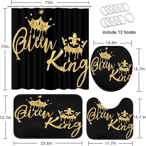 Miniatura 2 de Arttown Juego de baño negro con cortina de ducha y accesorios de alfombras, cortinas de ducha negras doradas King y Queen, decoración de baño