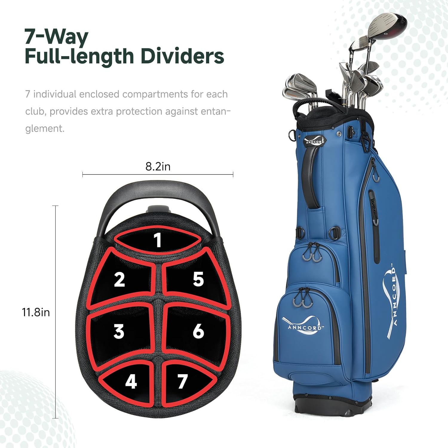 Golf Stand Bag with 7 Way Full Length Dividers, Premium Leather Golf Bag for Men Women, Luxury Waterproof Golf Bags with Stand, 6 Pockets & Cooler Pouch, Dual Straps, Rain Hood - Image 2