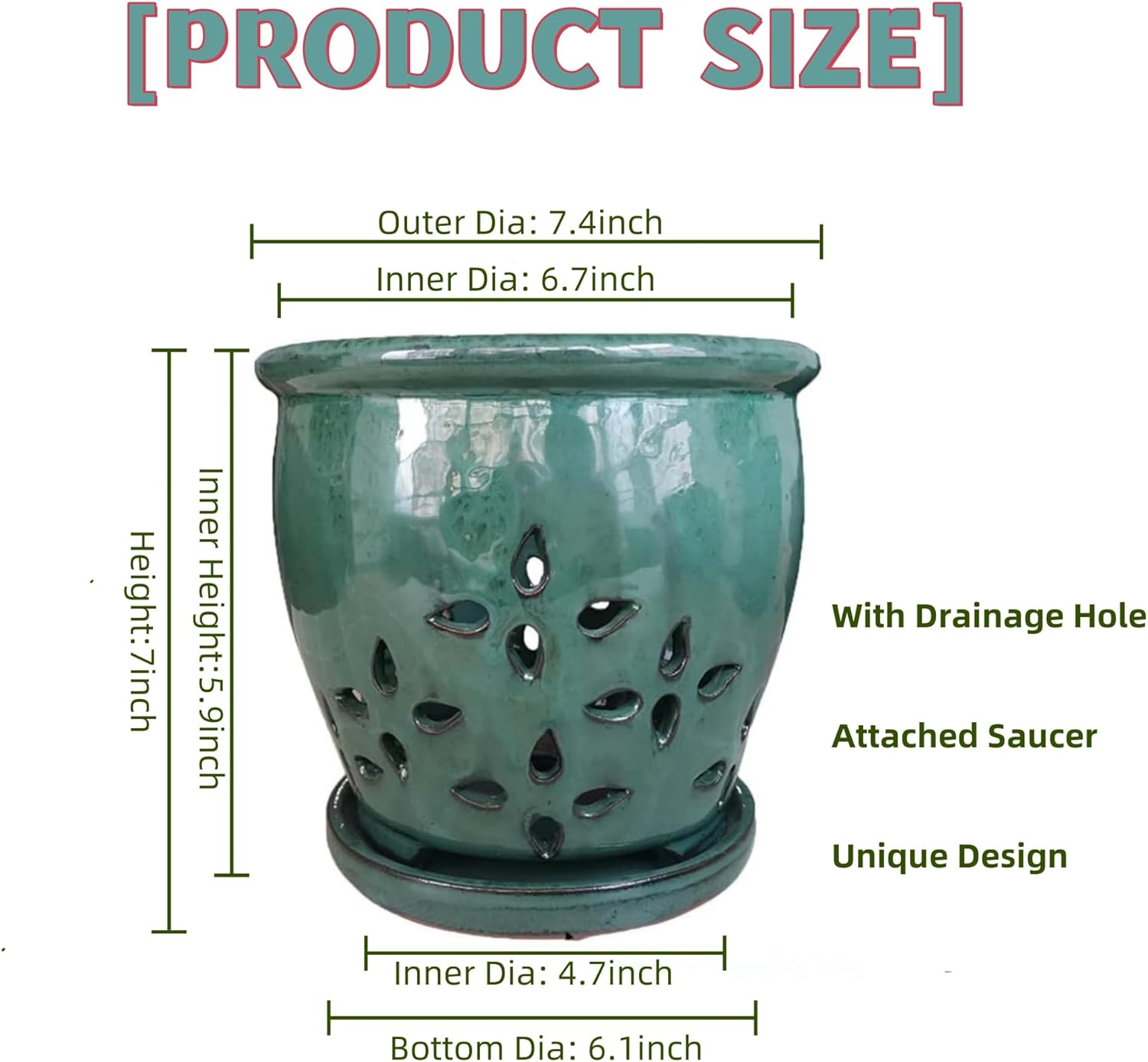 Orchid Planters with Holes 7 inch Orchid Pots for Indoor Plants Round Ceramic Flower Container Succulent Plant Planter Butterfly Pot Saucer Windowsill Contemporary Home Decoration (Green)