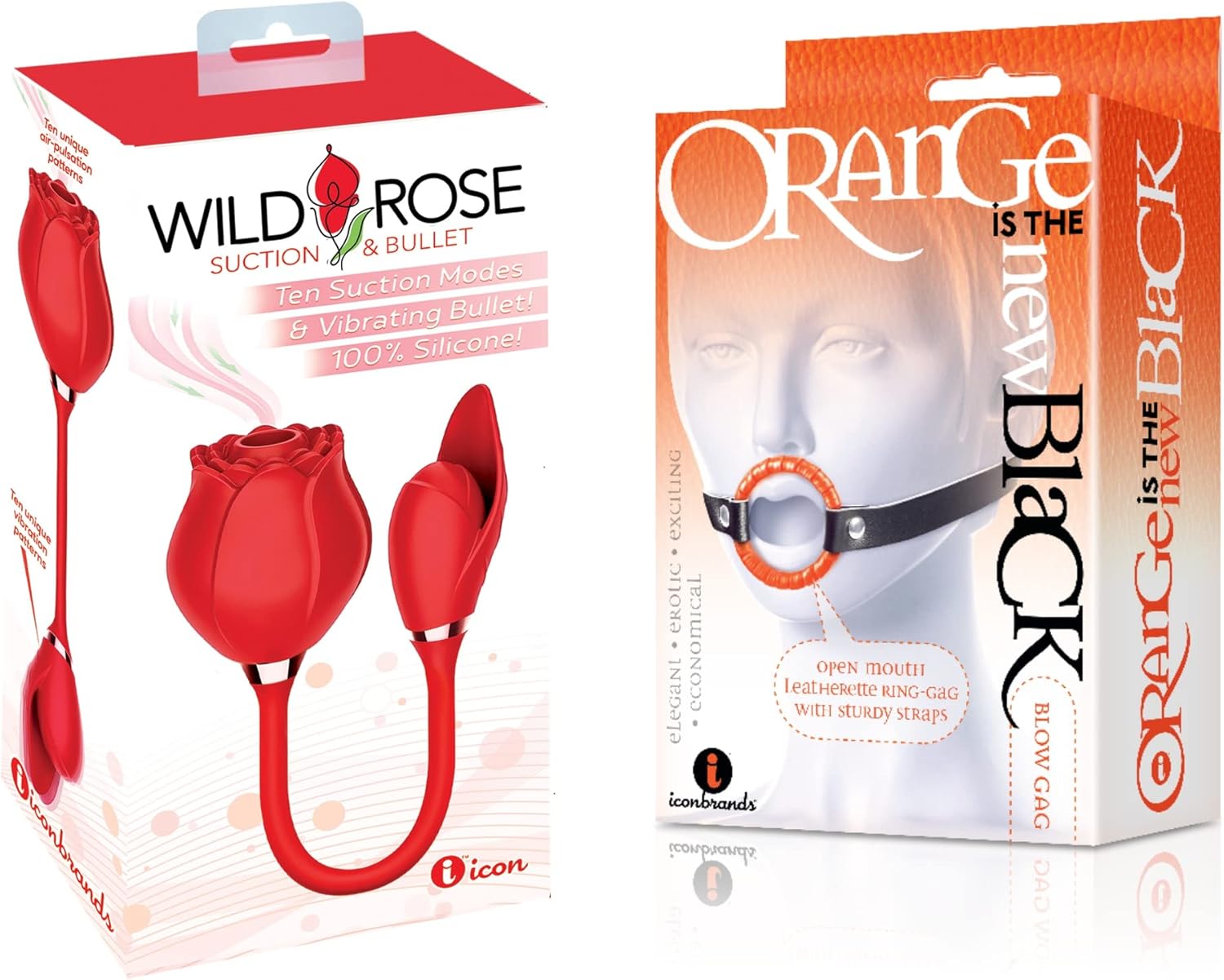 Sexy Gift Set of Wild Rose and Bullet and Icon Brands Orange is The New Black, Blow Gag, Open Mouth Leather Gag