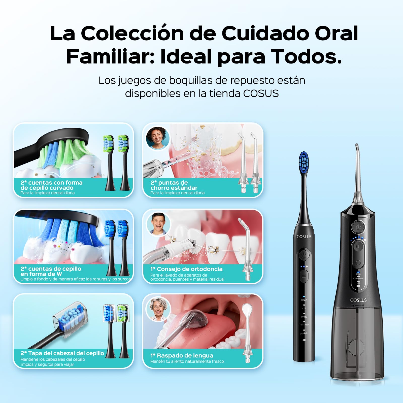 COSLUS C51C30 Cepillo de Dientes Eléctricoo con Irrigador Dental: Kit Limpieza Bucal Portátil para Cepillado y Hilo Dental, Varios Modos para Usuarios, Inalámbrico para Casa y Viajes, Negro y Azul.