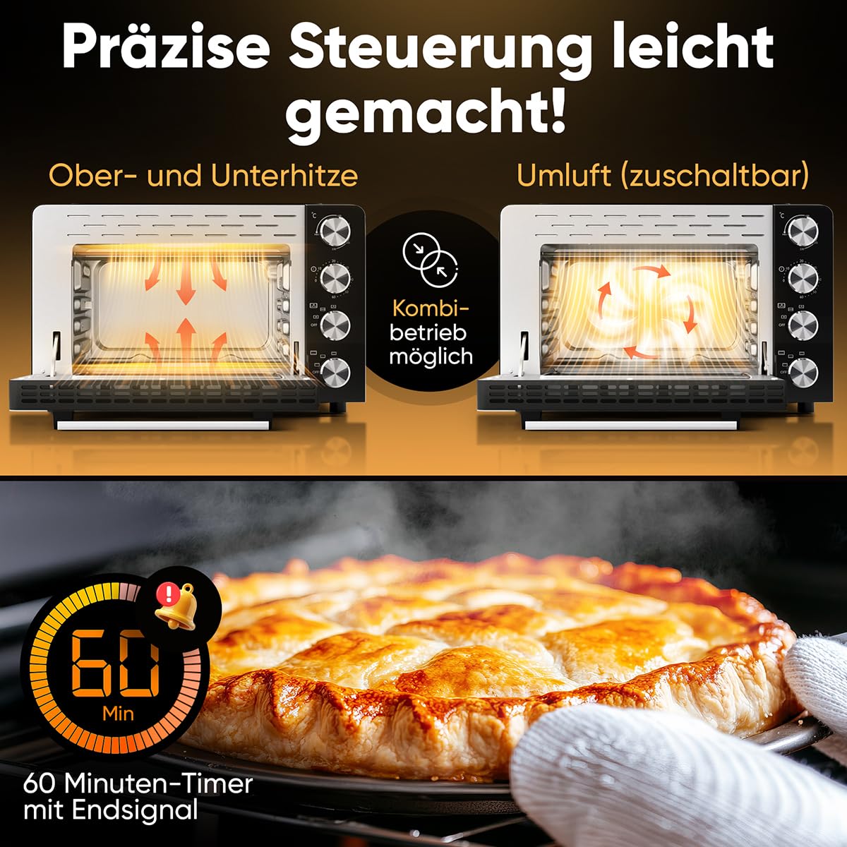ProfiCook mini forno 30L | convezione + calore superiore/inferiore | mini forno con girarrosto e pietra per pizza | 100°C - 230°C | con convezione e timer | piccolo forno 1500W | PC MBG 1277