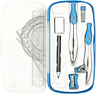 Lifreer Geometry Set, 10 Pcs Math Compass for Geometry Set, Student Geometry kit Includes Protractor Set, Compass,Rulers, Eraser, Sharpener, Lead Refills, Pencil for Drafting and Drawings（Blue）
