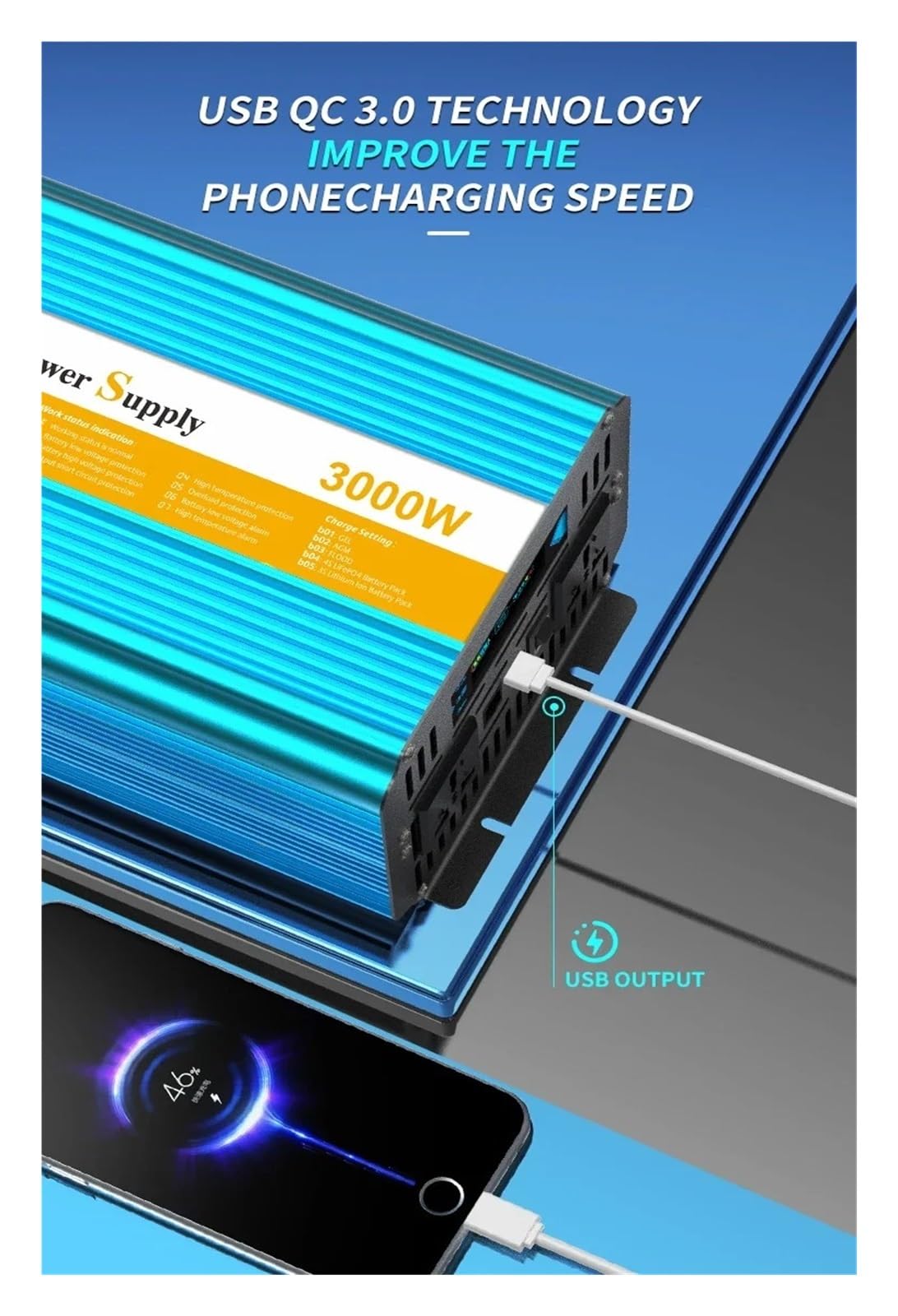 Inversor Corriente para Coche UPS 3000W 4000W 6000W 8000W CC 12V 24V A CA 220V Transformador Onda Sinusoidal Pura Batería Respaldo Portátil(220V(60HZ),1500W 3000W)