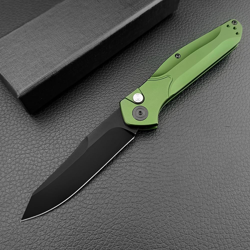 7.7” Operated by hand button-lock knife Black Coated D2 Metal Blade Inexperienced Aluminum Alloy Handles Pocket Folding Knife EDC Tenting Fishing Software with Pocket Clip