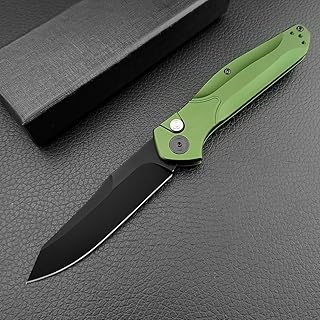 7.7'' Button Fast Opening Black Coated D2 Steel Blade Green Aluminum Alloy Handles Pocket Folding Knife EDC Camping Tools Combat Survival Knife with Pocket Clip