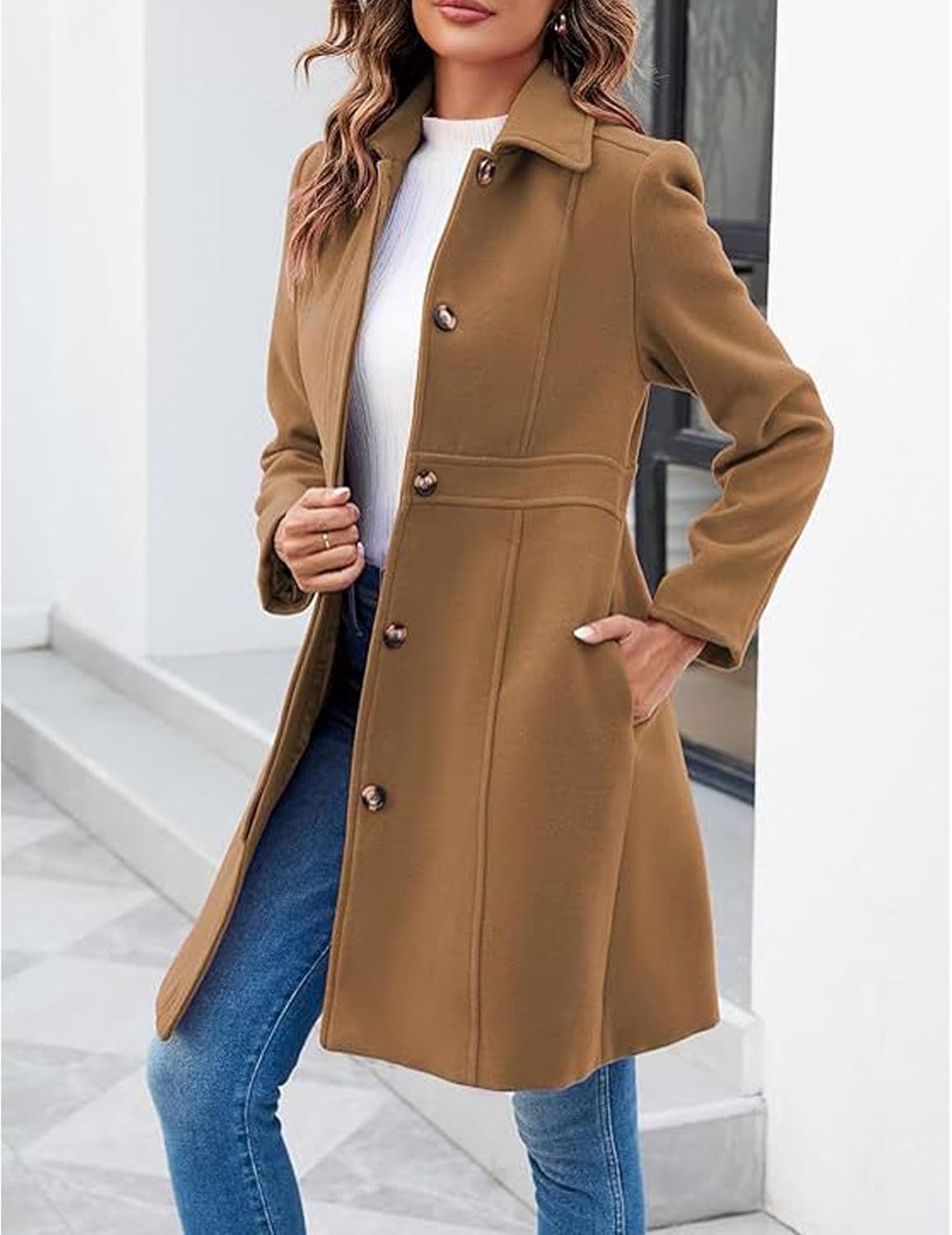 ECDAHICC Womens Casual Thicken Wool Blend Lapel Collar Single Breasted Pea Coat Long Blazer Jacket Overcoat - Image 2