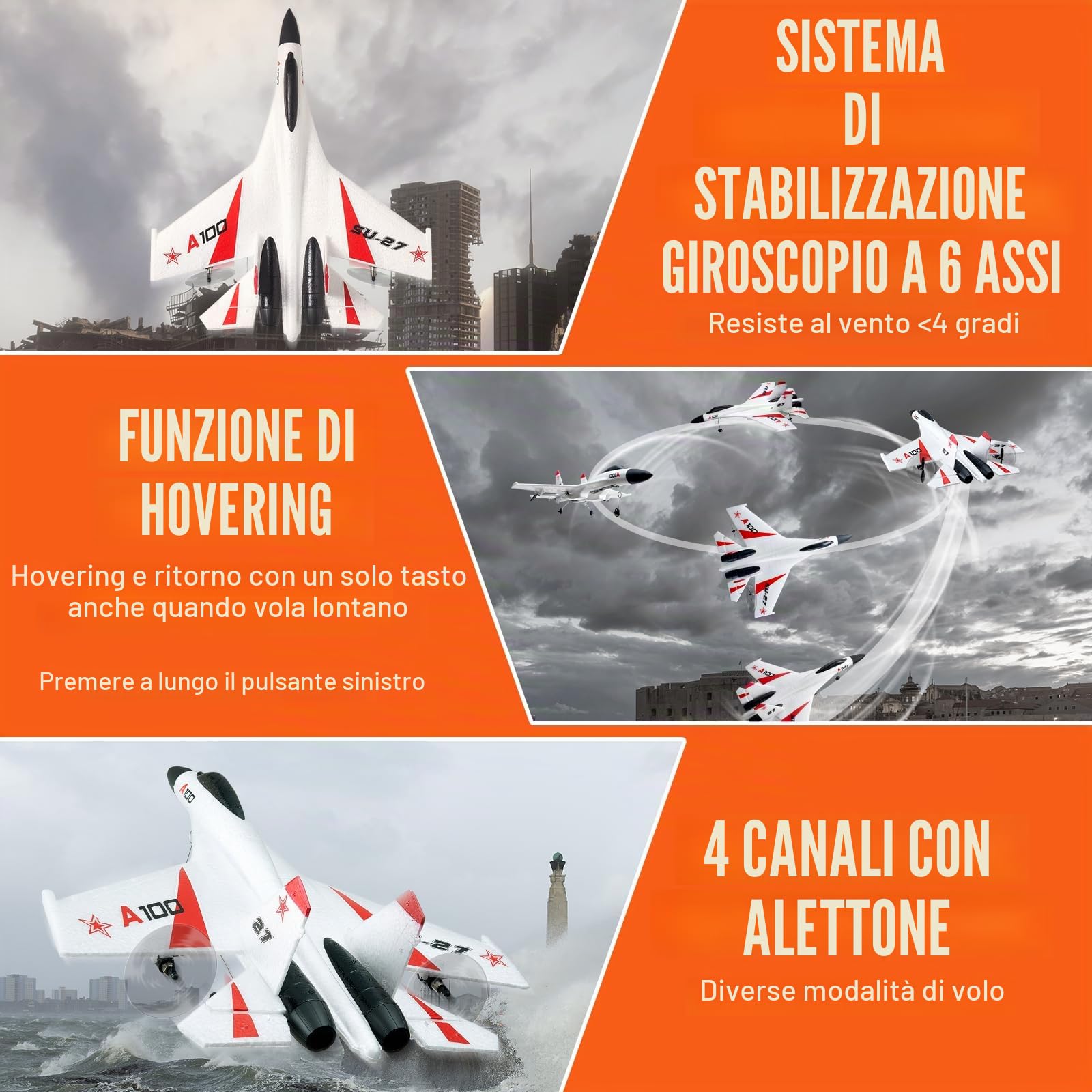VEVOR Aereo radiocomandato, 2,4 GHz, 4 canali, con stabilizzatore giroscopico a 6 assi e 2 batterie, pronto a volare SU-27, aereo da combattimento, giocattolo per adulti, bambini, principianti, regalo