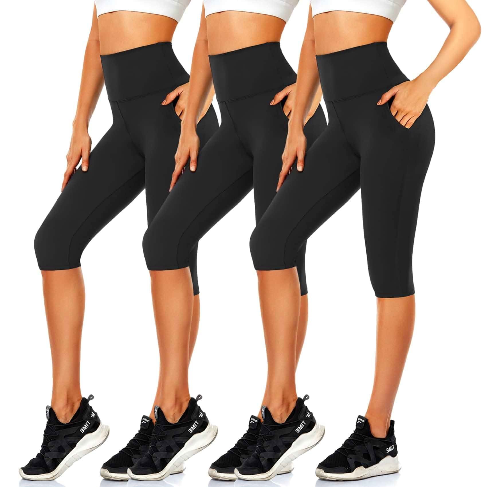 CTHH 3 Pack Capri Pants with Pockets - High Waisted Knee Length Yoga Leggings, Workout Biker Shorts for Women Running Summer Leggings