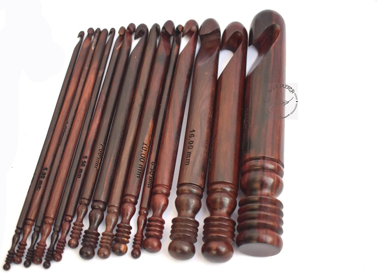 BLUE DUTCH ARTS Rosewood Crochet Set of 15 Hooks Crochet Hooks Ergonomic Soft Grip 3.5 MM to 25 MM, Wooden Crochet Hooks for Knitting Size Engraved