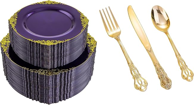 102PCS Purple and Gold Plastic Plates and 150 Pieces Gold Plastic Silverware