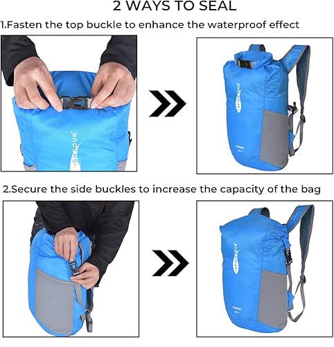 Miniatura 4 de Mochila ultraligera resistente al agua, mochila de senderismo plegable de 15L, mochila pequeña con cierre superior enrollable, Azul, Exteriores