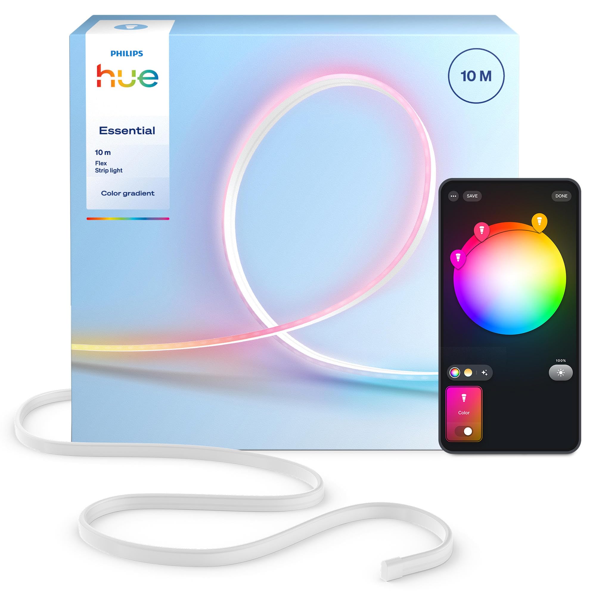 Hue Essential Ruban LED Flex 10 Mètres, RGBIC, Ambiance Vive, Éclairage Intérieur, Installation Facile, Contrôle Via Application et Commande Vocale, Compatible Alexa, Google Assistant et Apple Home