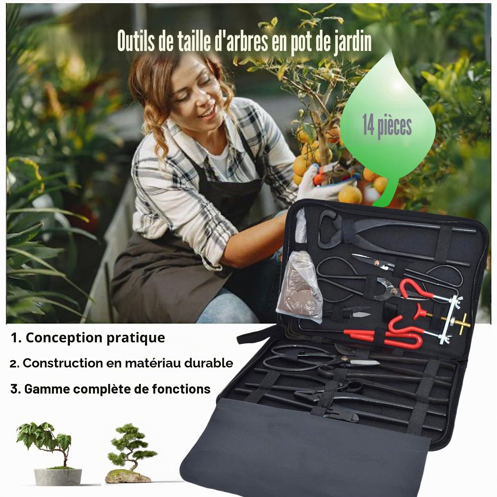 Lot de 14 Outils pour bonsaï, RoseFlower Outils de Jardinage Ciseaux Cisaille en Carbon Steel, Coupe Concave et Coupe-Bouton, séparateur de Coffre, Professional Bonsai Tool Kit pour Jardin Topiaire