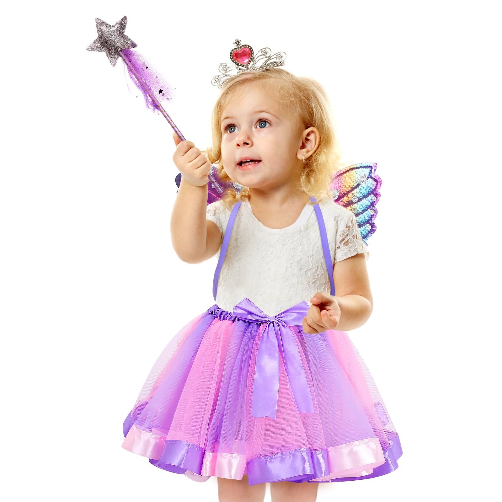 JOINPAYA 3pcs Fairy Wings Costume Kids: 15.33X12.18X0.51in Butterfly Wings Fairy Wand Tutu Skirt Wand Set Costume for Girls Halloween Christmas Dressing Up Cosplay - Image 3