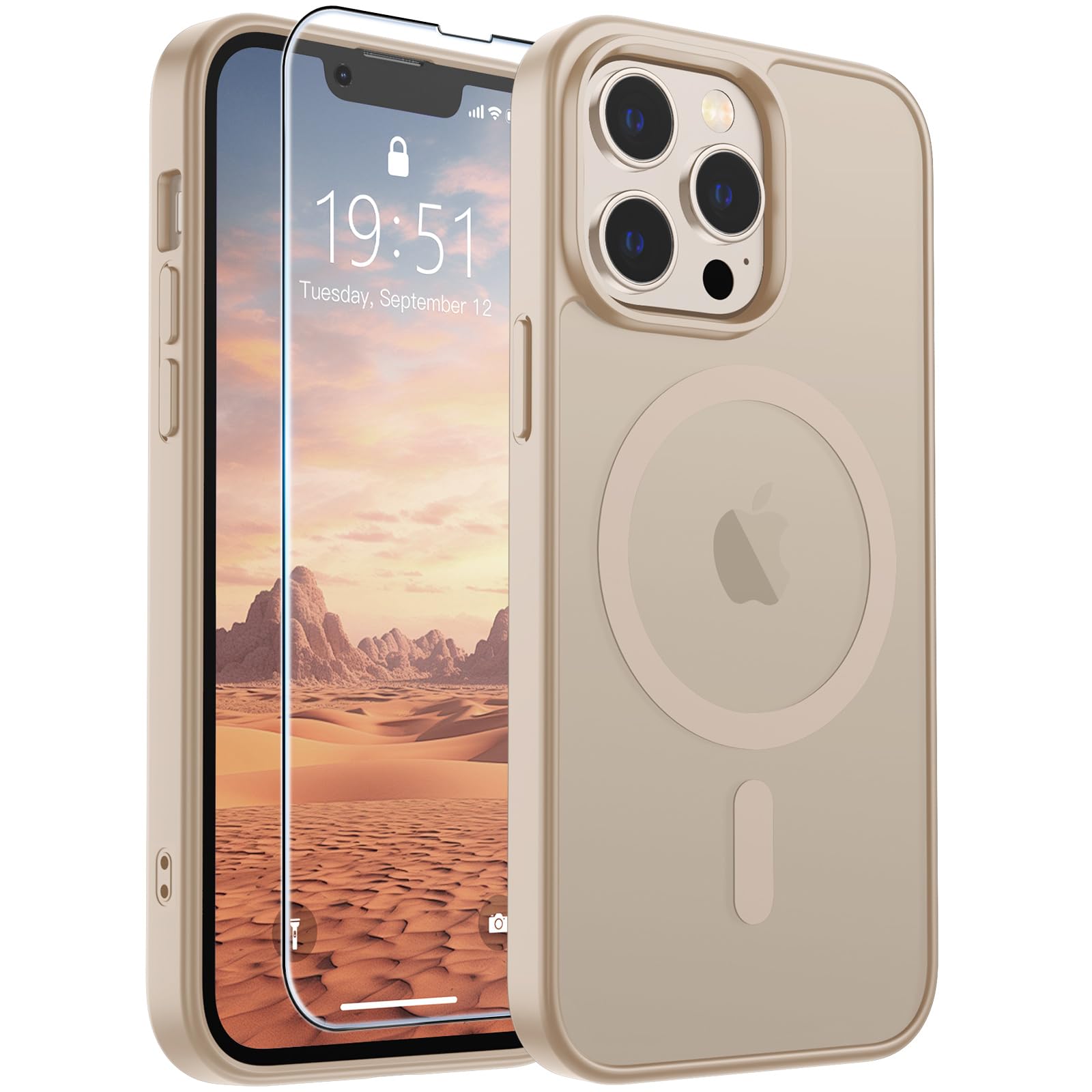 SUPFINE Magnetic for iPhone 13 Pro Max Case Desert Gold | With Screen Protector, Translucent Matte, Compatible with MagSafe, Military Grade Drop Proof, Rugged Shockproof Protective