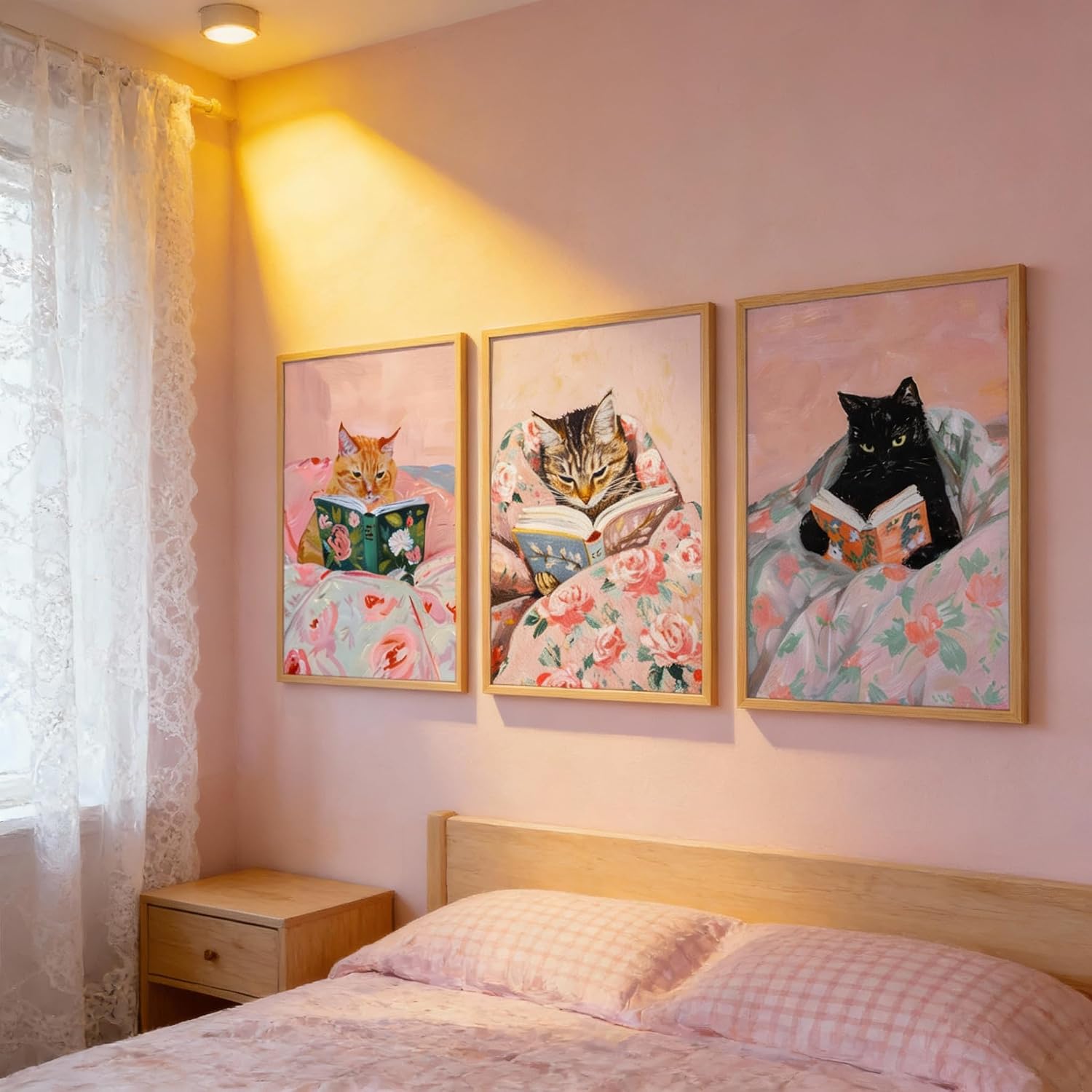 3Pcs Framed Vintage Cat Canvas Wall Art Funny Pink Animal Reading Books Pictures Wall Decor Cute Kitten Lovers Aesthetic Posters print Artwork for Nursery Girls Study Room Decoration 12''x16''