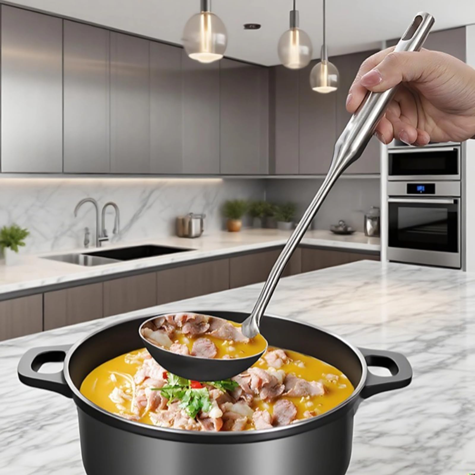 Kochutensilien-Set, 9-teilig, Edelstahl, Küchenutensilien aus Metall, inklusive Schöpflöffel, Pfannenwender, Schaumlöffel, massiver und geschlitzter Löffel, Nudelheber und Sieblöffel