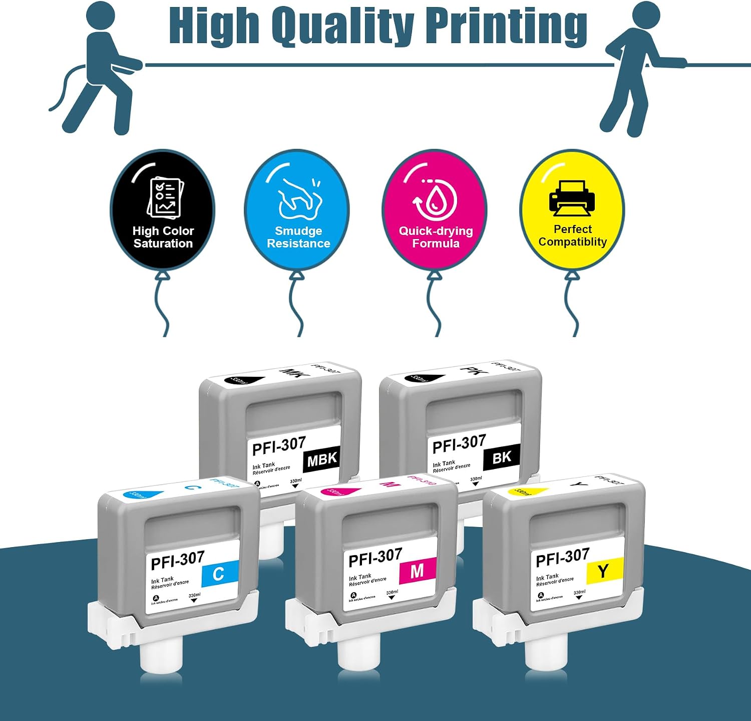 Compatible for Canon PFI-307 Ink Cartridges 5 Pack BK/MBK/C/M/Y Plotter Ink image 2