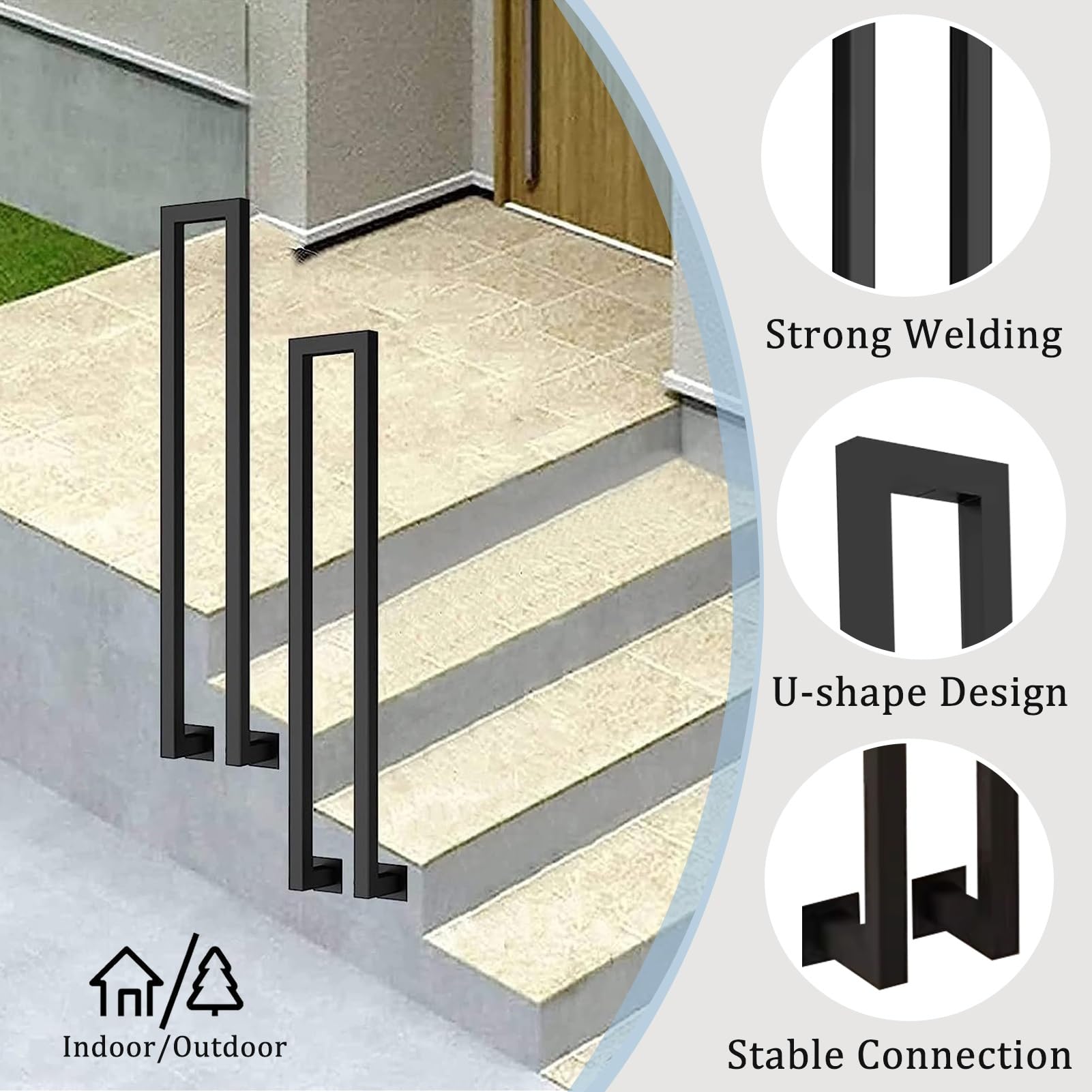 Handläufe für Außentreppen, an der Wand montierter Treppengeländer-Handlauf, rutschfester U-förmiger Handlauf für Treppen oder Stufen, Metalltreppengeländer Garage Veranda Garten Haltegriff Leitplanke