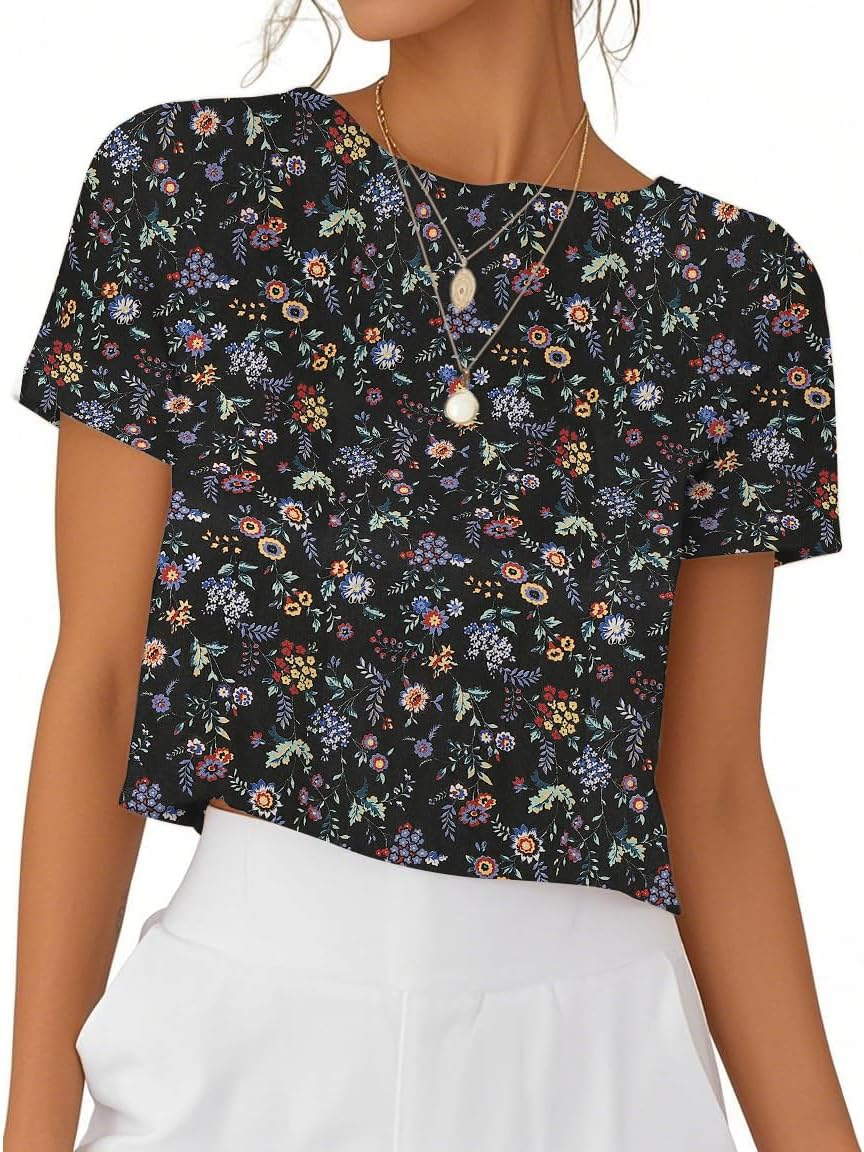 IDEALSANXUN Womens Short Sleeve Linen Shirts Casual Spring Summer Crewneck Cute Crop Beach Blouse Tops