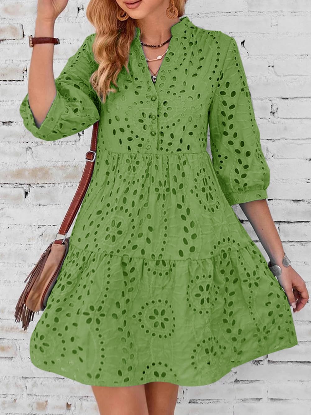 utcoco Women's 2025 Eyelet Lace Midi Dress V Neck Puff 3/4 Sleeve Button Tiered Sexy A Line Sun Dress - Image 4