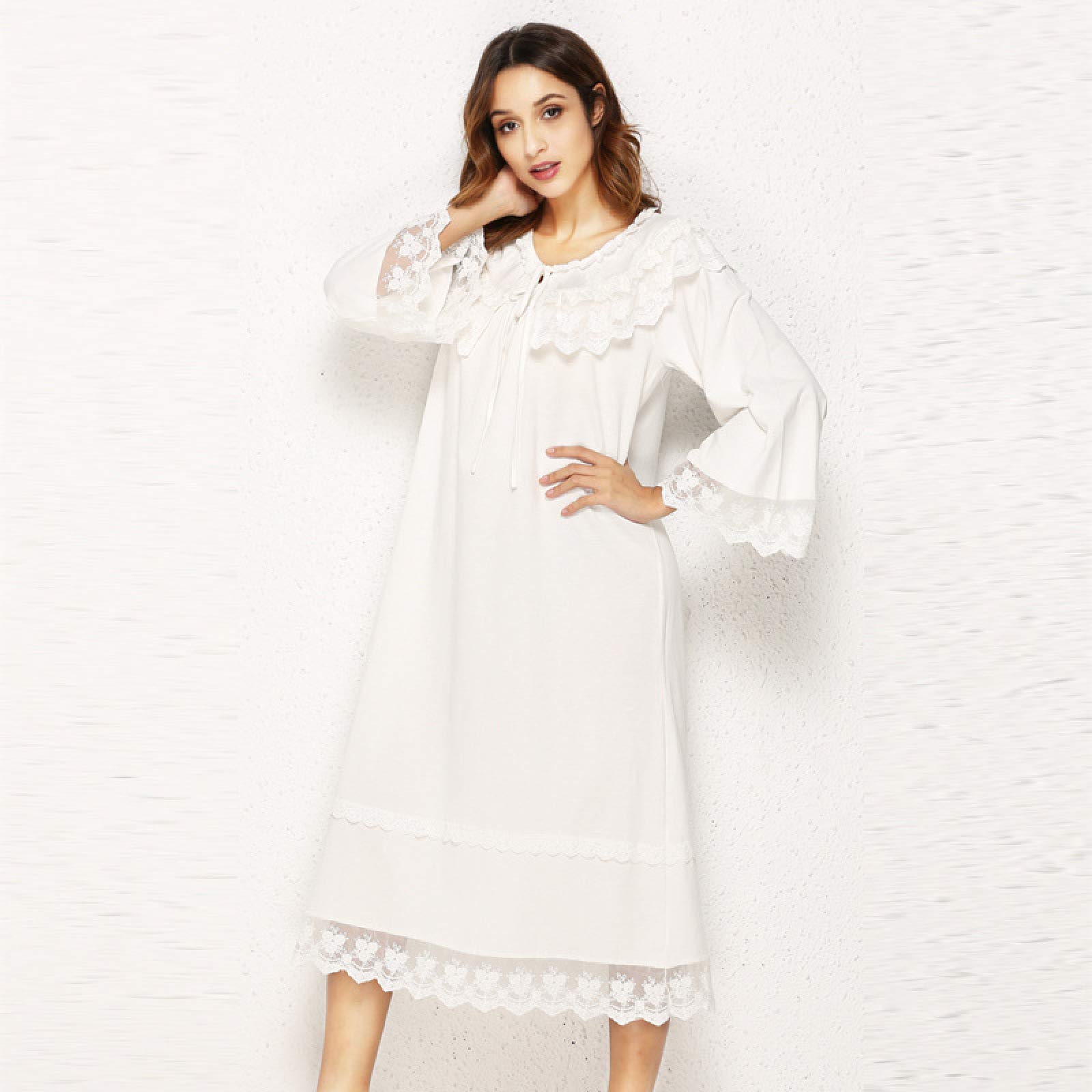 OFFSUM Camisón De Pijama De Mujer - Vestido Clásico De Encaje De Algodón con Cuello Redondo Moda Primavera Verano Camisón Blanco Vintage Bata Ropa De Dormir De Princesa