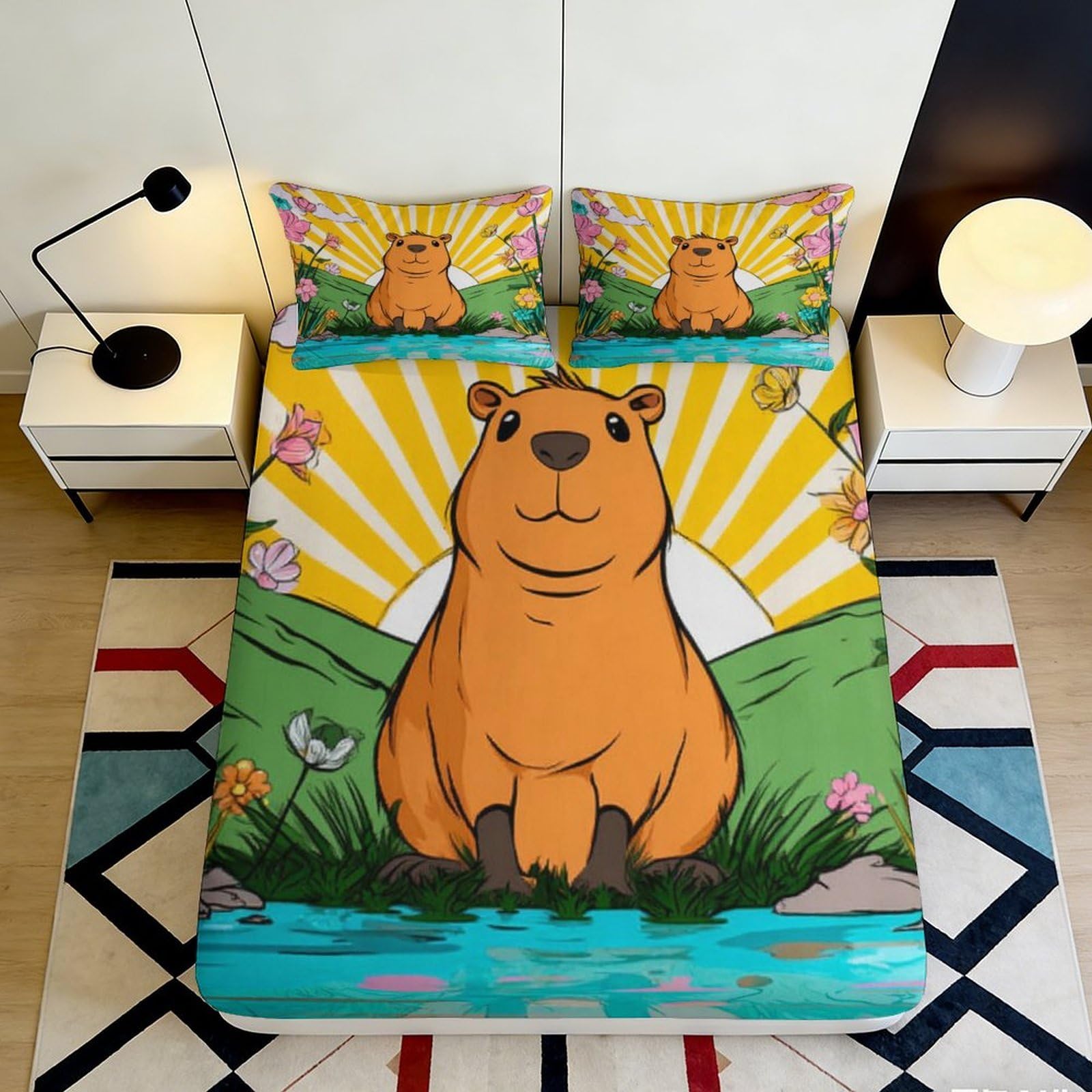 3D Printed Cute Capybara Fitted Sheet Microfiber Soft Breathable Cartoon Animal Mattress Cover for Bedroom Dormitory Guest Room Bed Protection 200x200x25cm