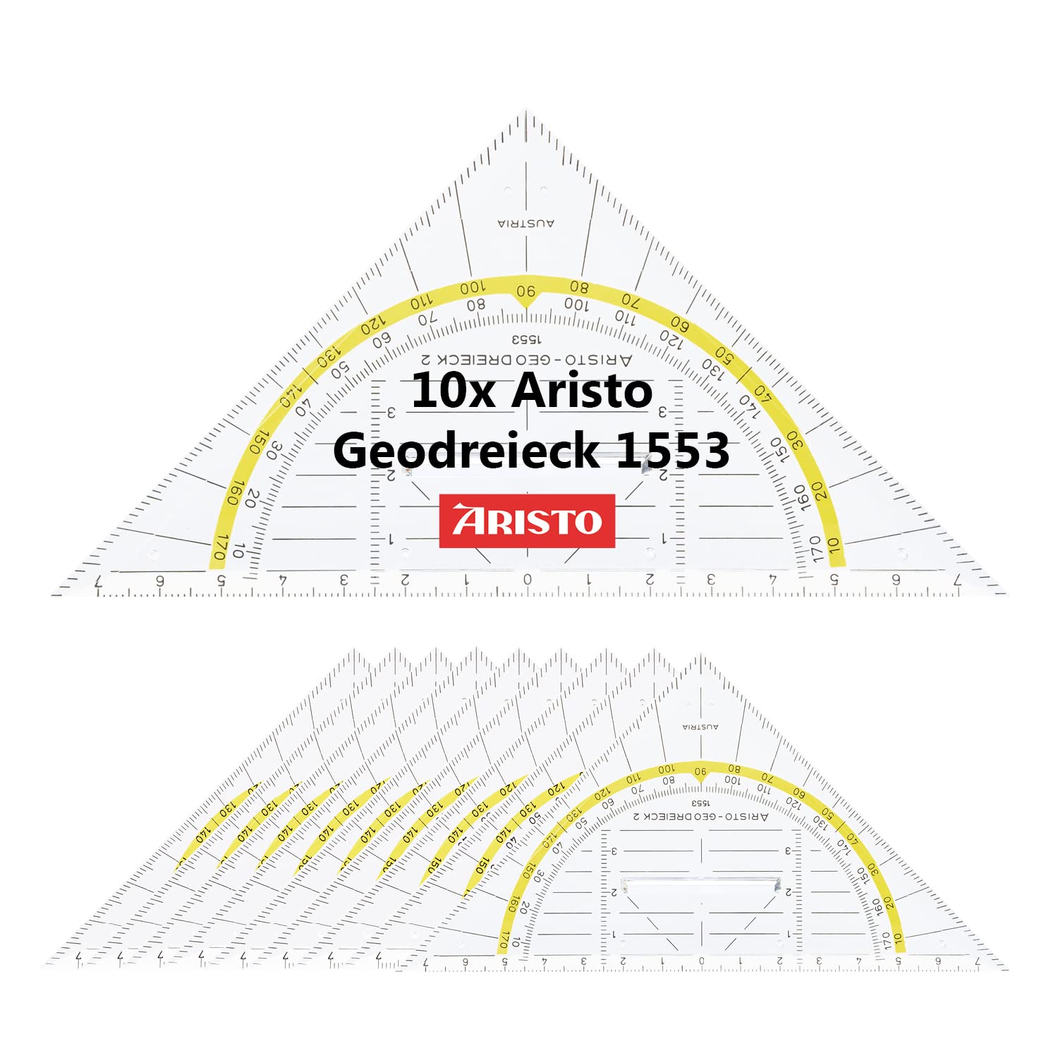 Aristo AR1553 Geodreieck mit festem Griff (Hypotenuse 16 cm, Tuschenoppen, Facette an der Hypotenuse, Plexiglas mit Tiefenprägung, Made in Austria) transparent, 10 Stück