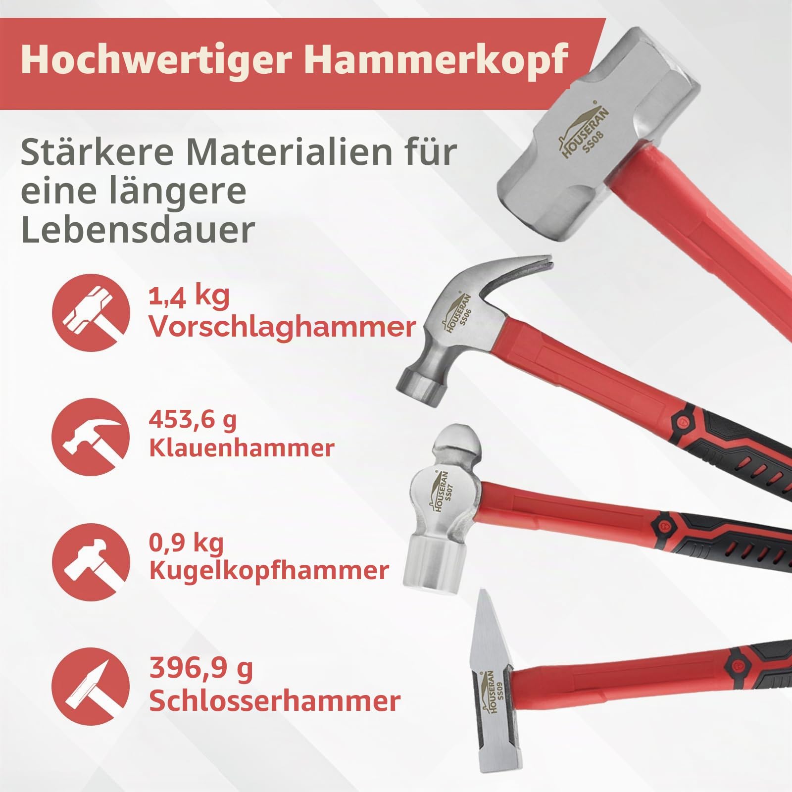7-teiliger Hammer-Set aus geschmiedetem Stahl mit rutschfestem Griff - Werkzeug-Set mit Schlosserhammer, Spitzhammer, Vorschlaghammer, Gummihammer für Heimwerker und Bauarbeiten
