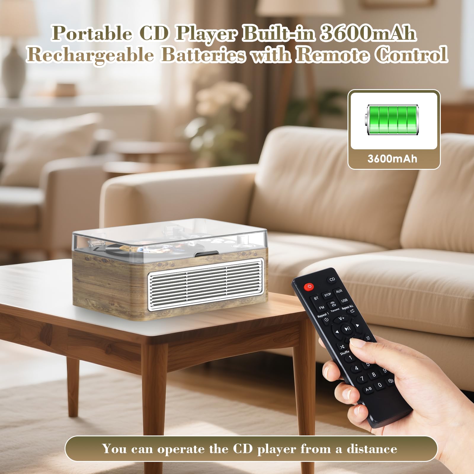 Gueray Tragbarer Bluetooth CD-Player mit Lautsprechern 3600mAh Wiederaufladbarer Vintage CD Spieler für Zuhause, Retro Eichenholz CD Players FM-Radio mit Fernbedienung, Unterstützt USB AUX Wiedergabe