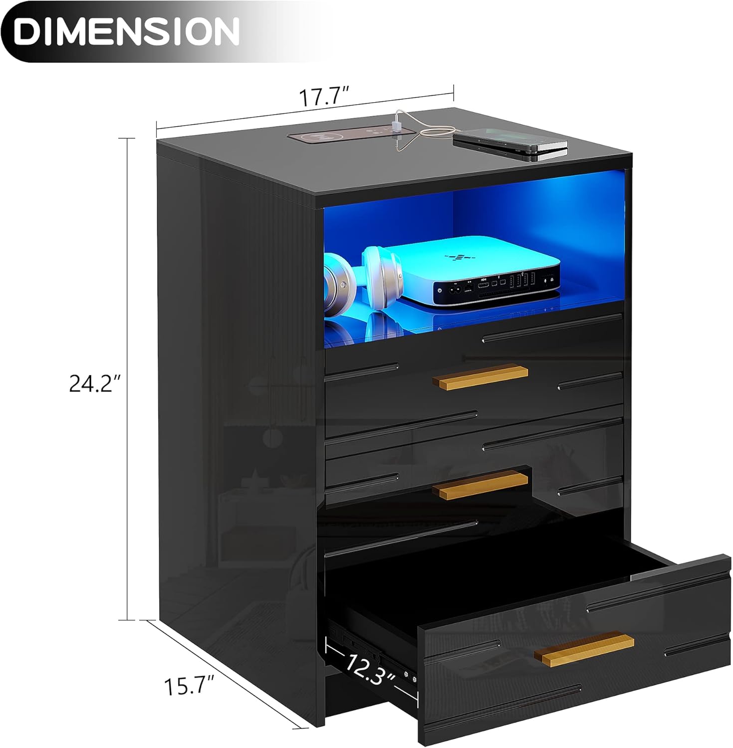 LED Nightstand with Wireless Charging Station,Auto Sensor Bedside Table with 3-Color LED via Touch Screen,End Table with Wireless Charging Station,3 Drawer,Bedroom
