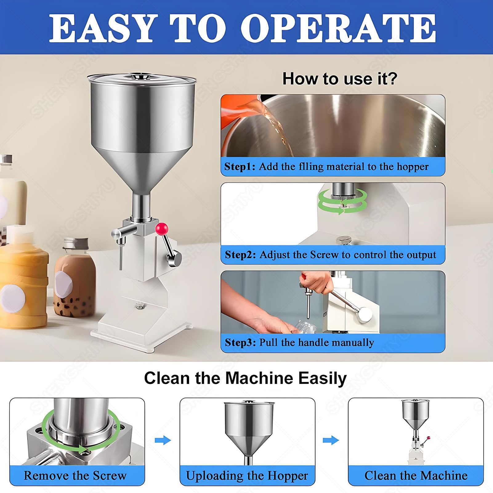 Máquina Llenadora Manual, Máquina de Botellas de Pasta Líquida, Llenadora Embotelladora de Acero Inoxidable con 10L Tolva, 20-30 Ciclos por Minuto, para Aceite, Crema, Cosméticos, Champú