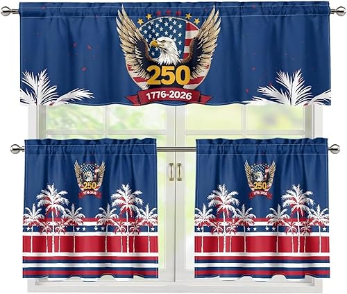 Miniatura 65 de Juego de 250 cortinas de cocina con bandera estadounidense para ventanas, fácil de instalar, cortinas cortas de 24 pulgadas con bolsillo para barra