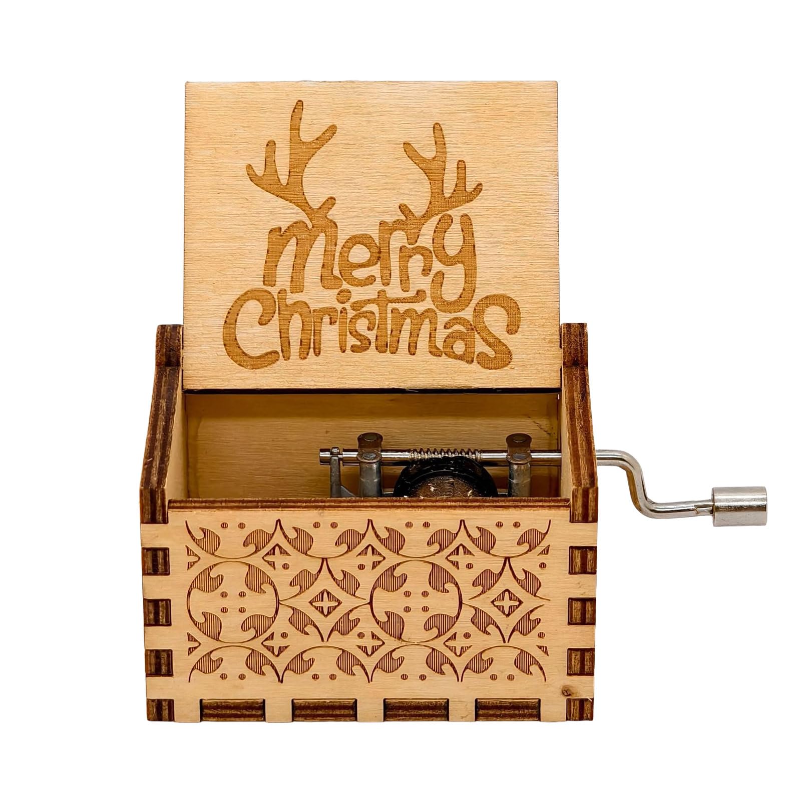 Peamoo E Wooden Music Box For Christmas,Personalised Mini Music Box Gift Box Laser Ngraved Vintag Wood Hand Crank Music Box, Christmas Music Boxes Wooden Musical Box Wooden Gift ﻿ ﻿ (E)