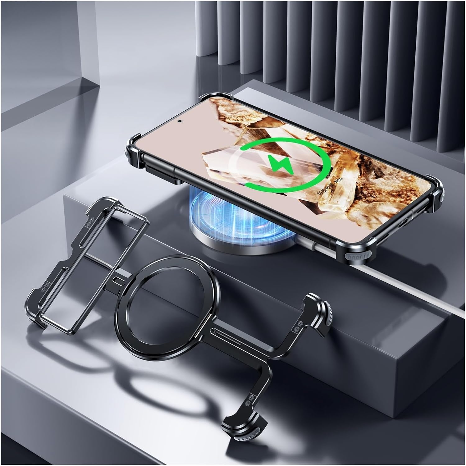 Frameless Magnetic Case for Google Pixel 8/8 Pro, Compatible with MagSafe, Aluminum Alloy Bumper with Kickstand, Heat Dissipation Hollow Design, Minimalist Slim Cover(8 Pro) Black