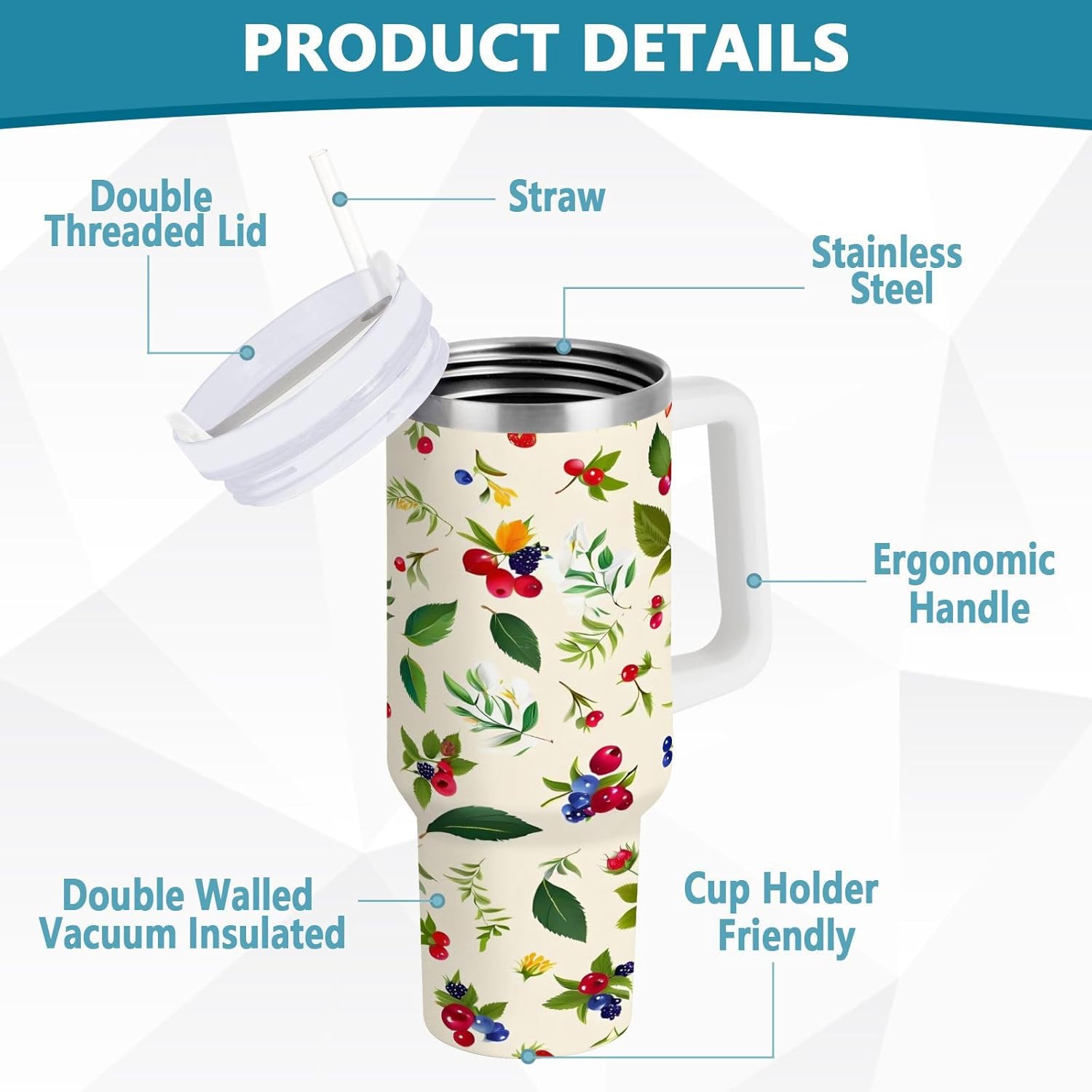 Red Cherry Pattern Vacuum Insulated Tumbler Leak-proof Lid and Straw Large Water Bottle Reusable Coffee Mug for Water, Iced Tea or Coffee
