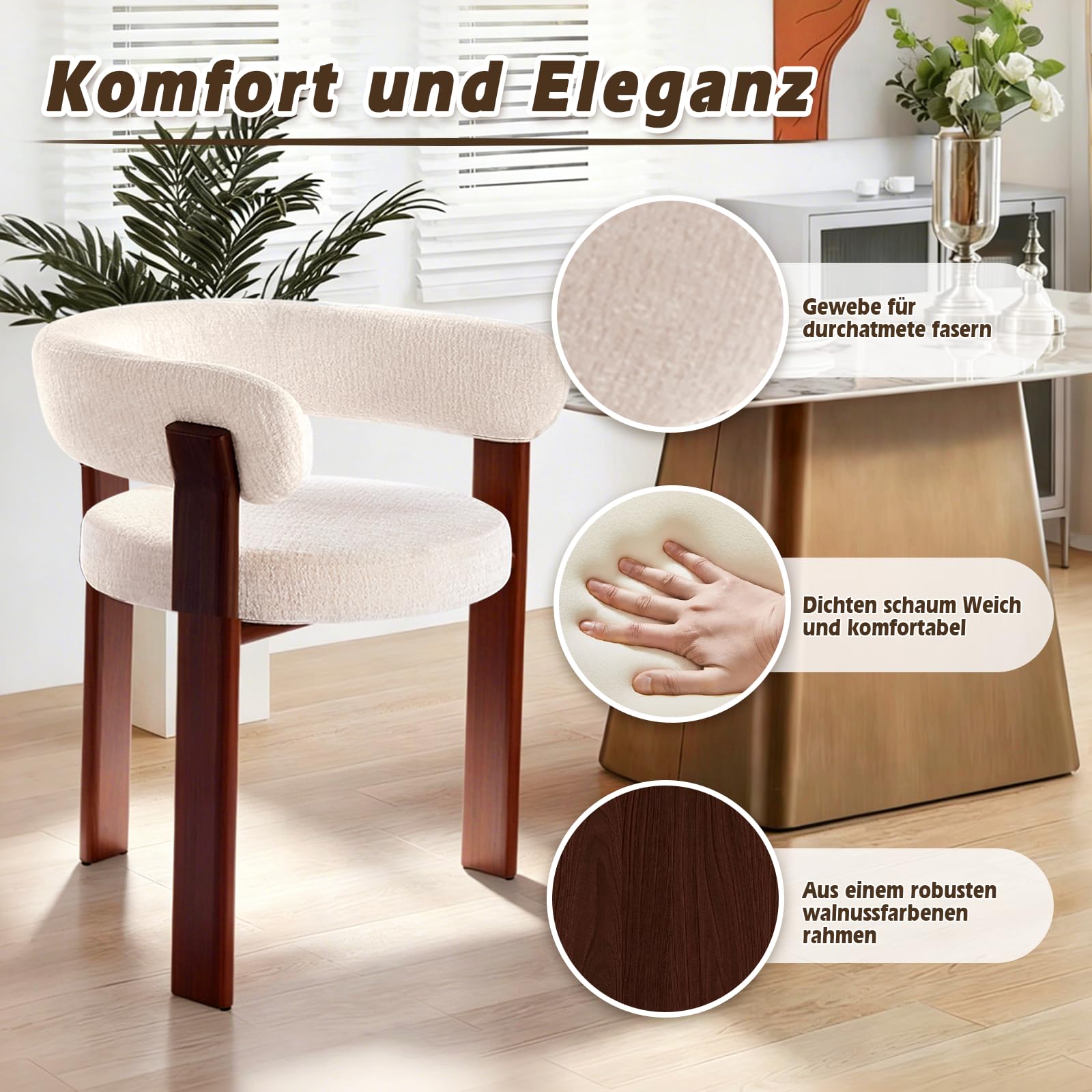 6er Set Esszimmerstühle Mid Century Modern: Gepolsterte Küchenstühle mit Ergonomischer Rückenlehne & Stabilen Metallbeinen - Komfortabler Loungestuhl für Esszimmer Wohnzimmer Café (Beige, 6er)