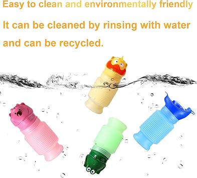 Topcloud Shrinkable Urinal, 420ml Portable Mobile Toilet Potty Pee Urine Bottle with Two Cartoon Heads, Reusable Emergency Urinal for Kids Camping Car Travel Traffic Jam and Queuing