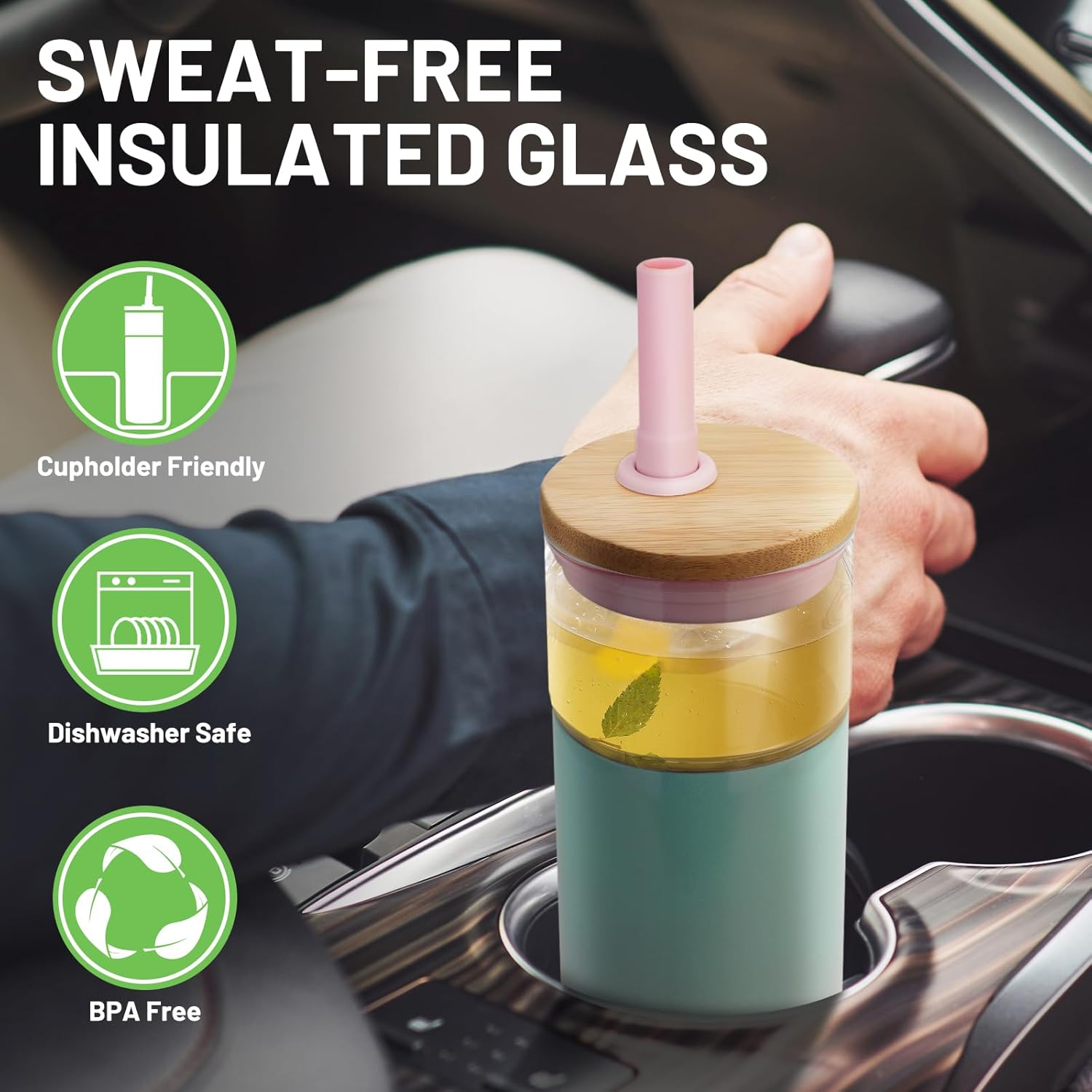 Tronco 20 oz Vacuum Insulated Glass Tumbler with Lid and Straw - Keeps Drinks Cold for 12 Hrs - Reusable Glass Cup for Iced Coffee, Smoothies & Boba - Sweat & BPA Free, Dishwasher Safe, Fit Car Holder - Image 5