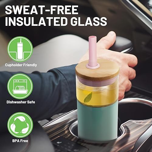 Miniatura 5 de Tronco Vaso de vidrio aislado al vacío de 20 onzas con tapa y pajilla, mantiene las bebidas frías durante 12 horas, vaso de vidrio reutilizable para