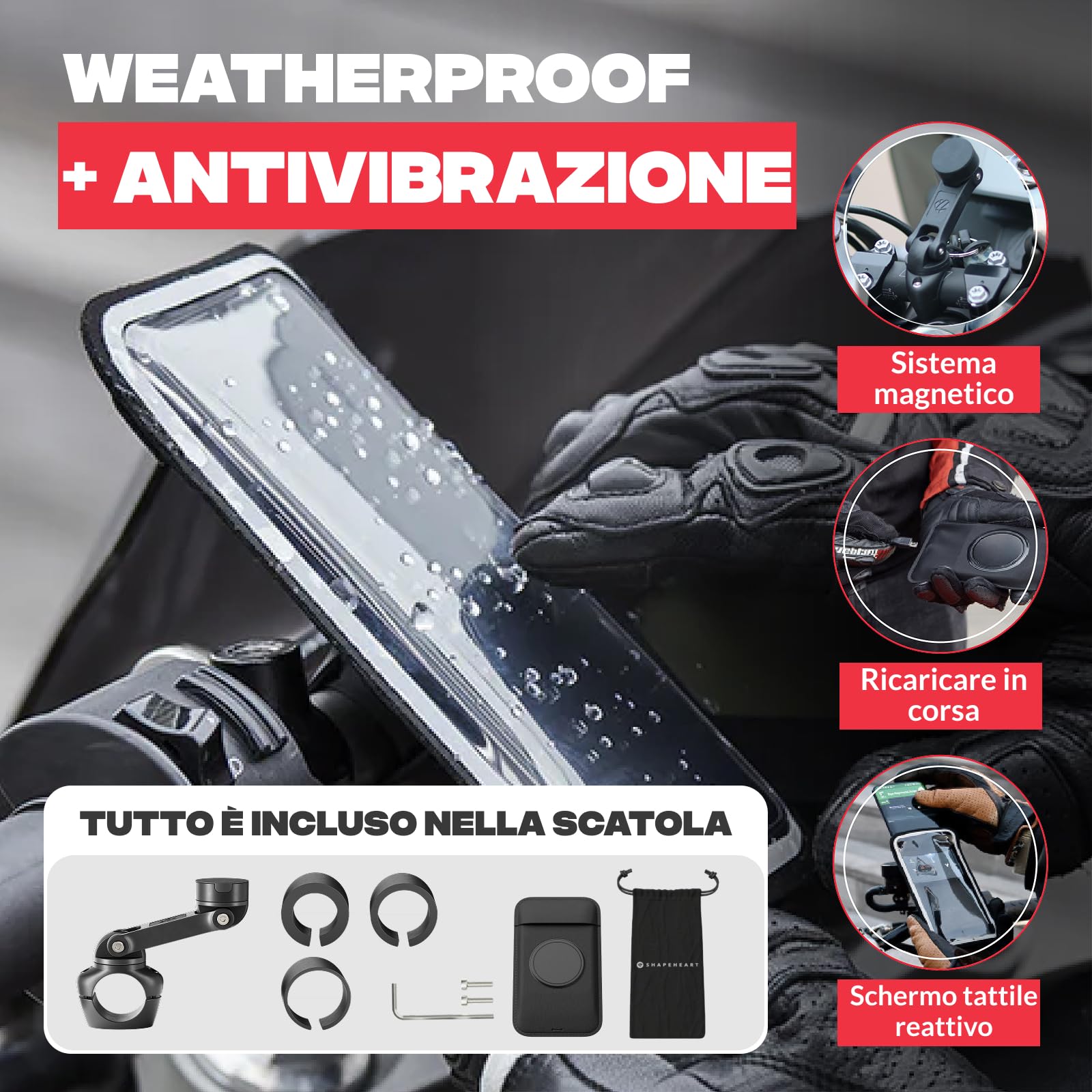 SHAPEHEART Innovazione francese, Porta cellulare moto PRO con espansore e tasca magnetica staccabile, Rotazione di 360° Anti Vibrazione, Porta telefono moto impermeabile | Per ogni telefono | A vite Manubri 22–32 mm | Braccio 360° | Resiste alla pioggia |