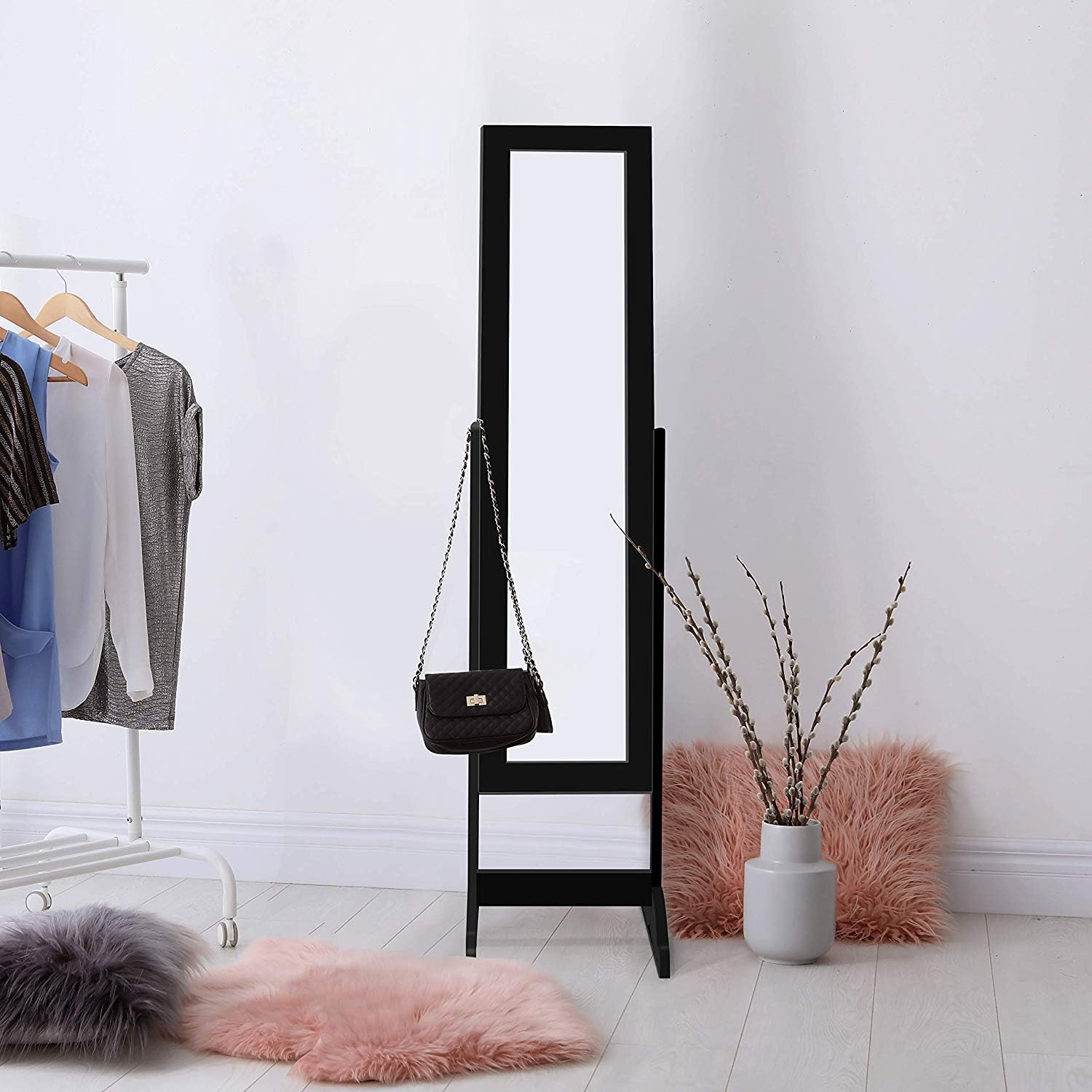 HOMGX Wood Standing Jewelry Cabinet, Jewelry Armoire with Mirror, Jewelry Organizer Storage (Black)