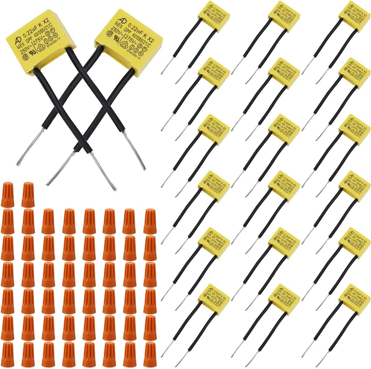 20 Pack 0.22µF 275VAC X2 MKP LED Capacitor Polypropylene Film Safety Capacitors for High Density PCB Components, Flashing Lamps, Signal Lamps