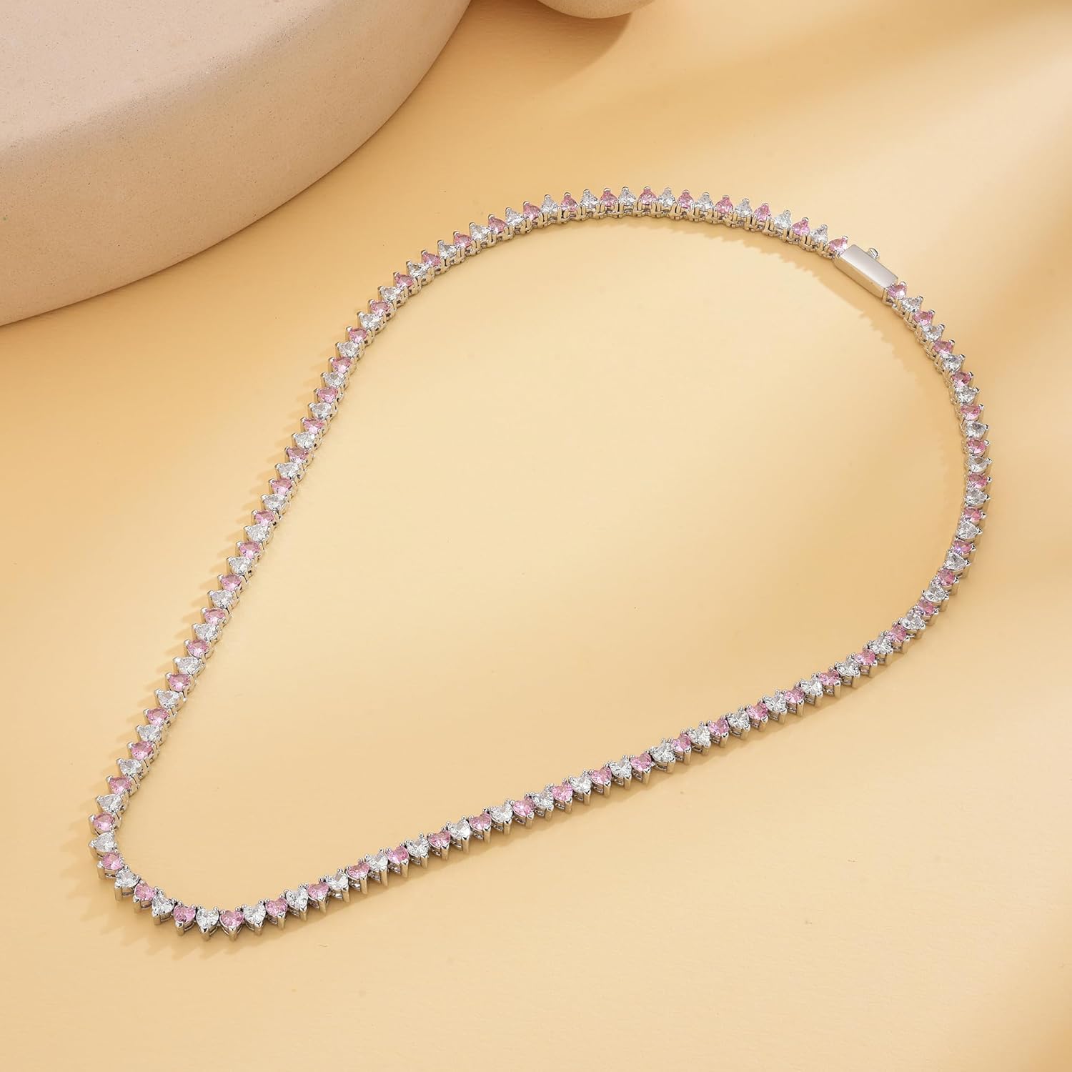 Two-Tone Tennis Necklace for Women, Dainty Zirconia Chain with Pink and White CZ, Minimalist Choker Collar Jewelry for Gift or Daily Wear (16 Inch) - Image 3