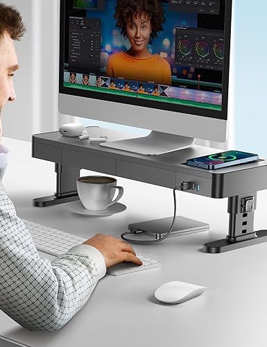 Miniatura 6 de meatanty Altura del soporte de monitor ajustable, elevador de computadora con cargador de teléfono automático, 4 puertos USB Hub y almacenamiento de