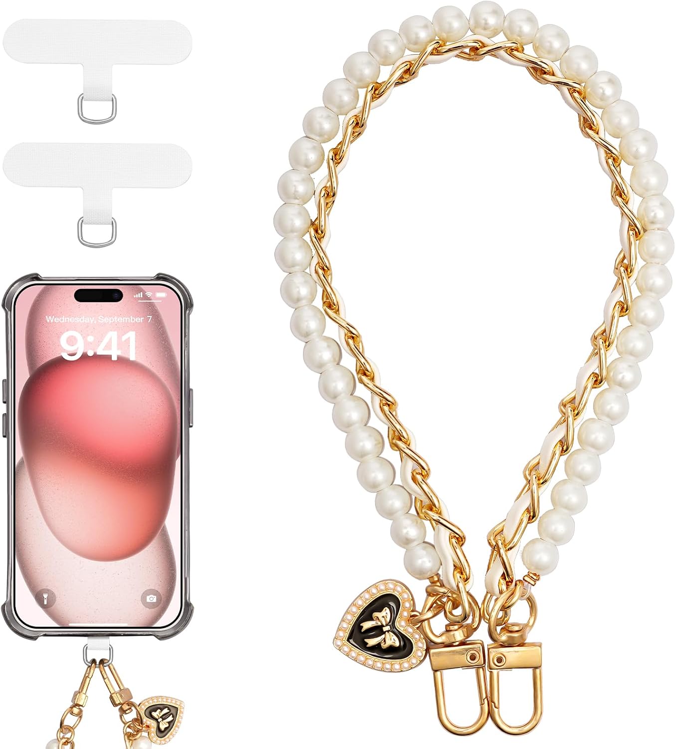 TiMOVO Beaded Pearls Phone Wrist Strap,Detachable Cellphone Lanyard with Tether Tab,Hands-Free Wristlet Bracelet,Adjustable Phone Charm Grip for Women, Gold & White